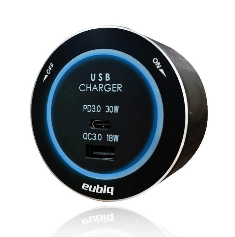 USB3QC - Chargeur USB rapide deux sorties - Noir - Led Bleu